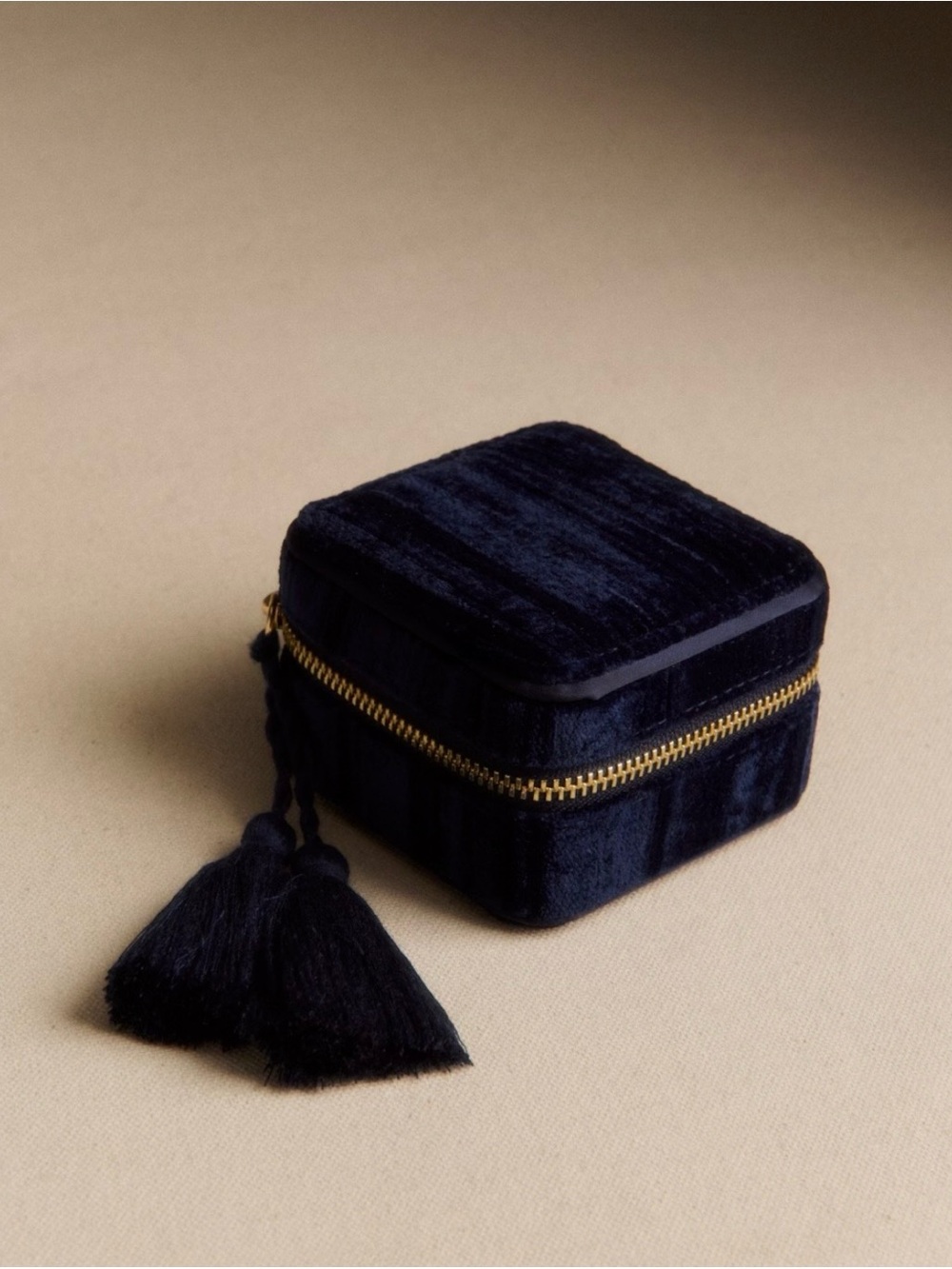 Sezane Navy Velvet Jewelry Case with Gold Zip and Tassels